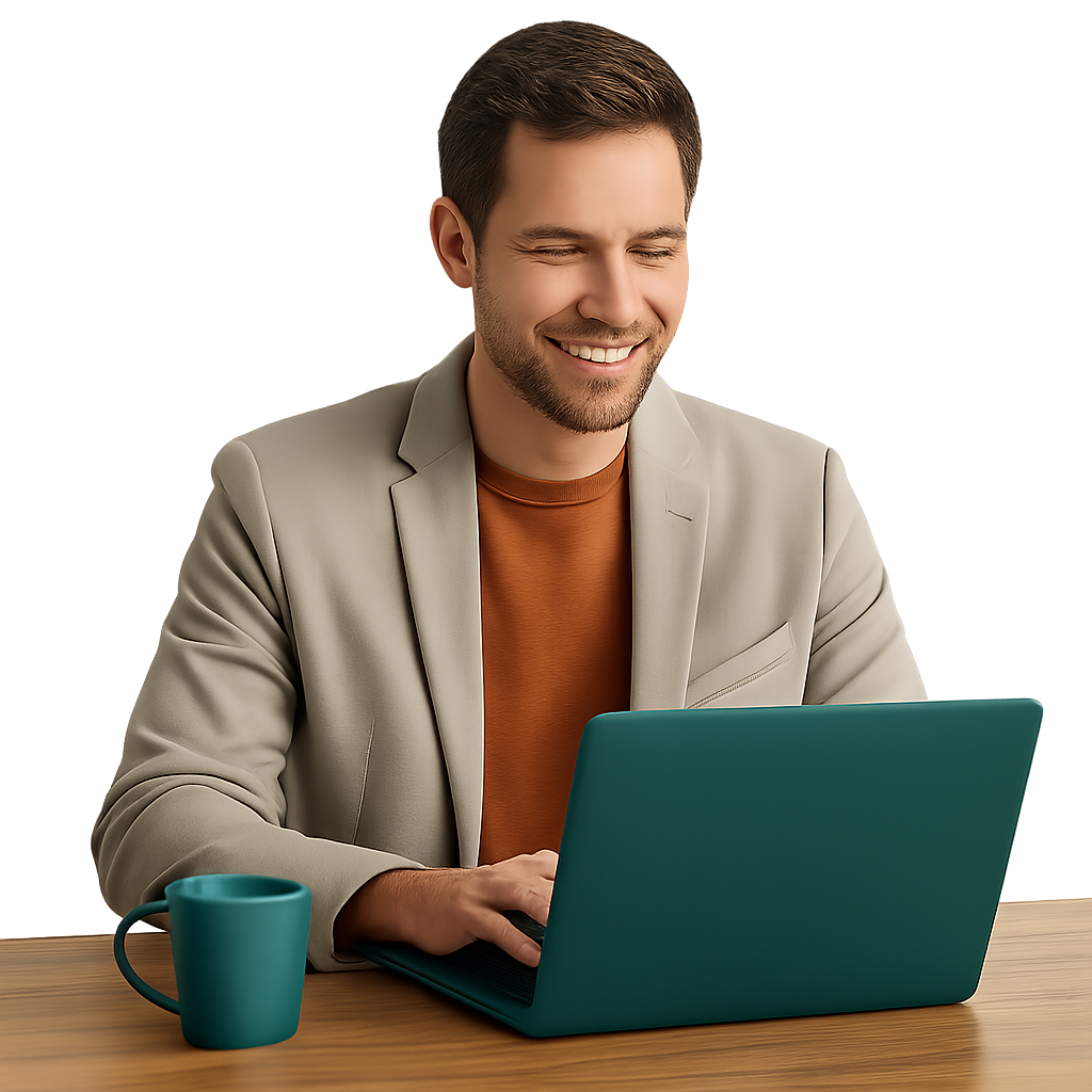 The image depicts a satisfied client in business casual attire looking at product updates and releases tailored for clients on a laptop do not show the screen Give it a transparent background and do not cut off the person or objects in the image with